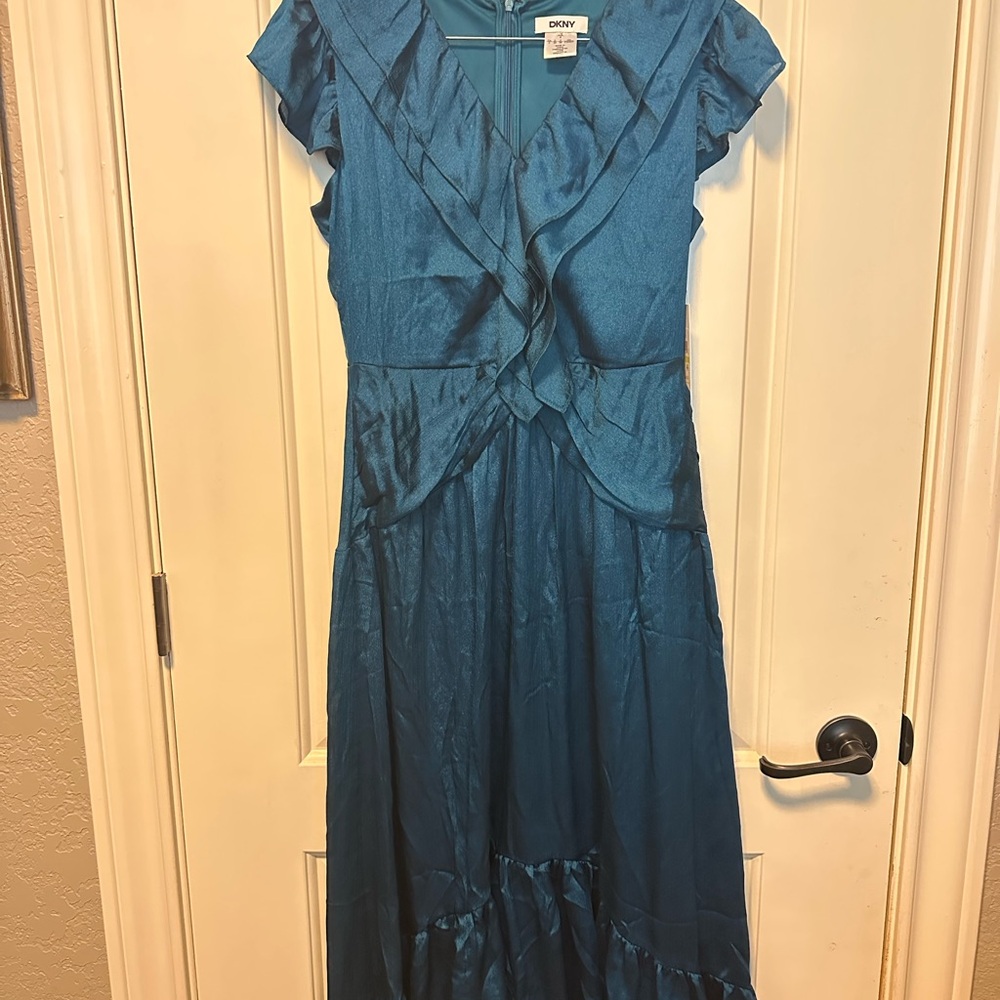 DKNY Teal Maxi Hi-Lo Dress with Ruffle Sleeves